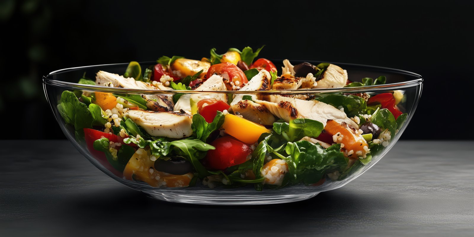 Fresh and colorful salad with grilled chicken and vegetables in a glass bowl on a dark background